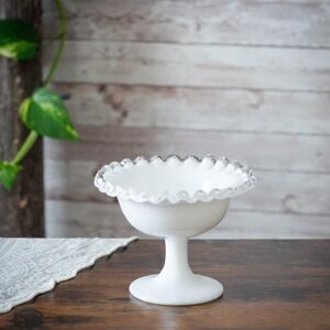 Fenton Silver Crest Milk Glass Compote, 4" Ruffled Edge Pedestal Bowl